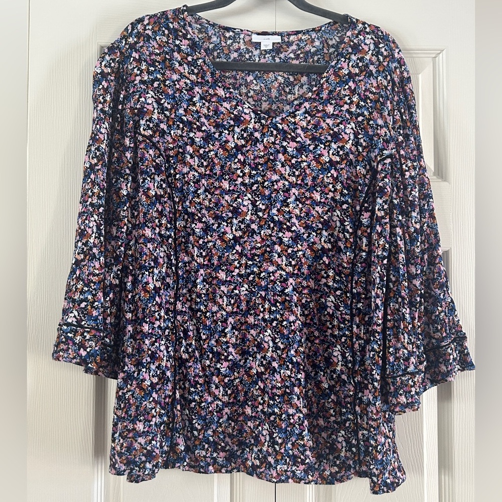 J Jill Shirt Women’s Size 2X Multicolor Floral 3/4 Sleeve V Neck Shirt Plus Size